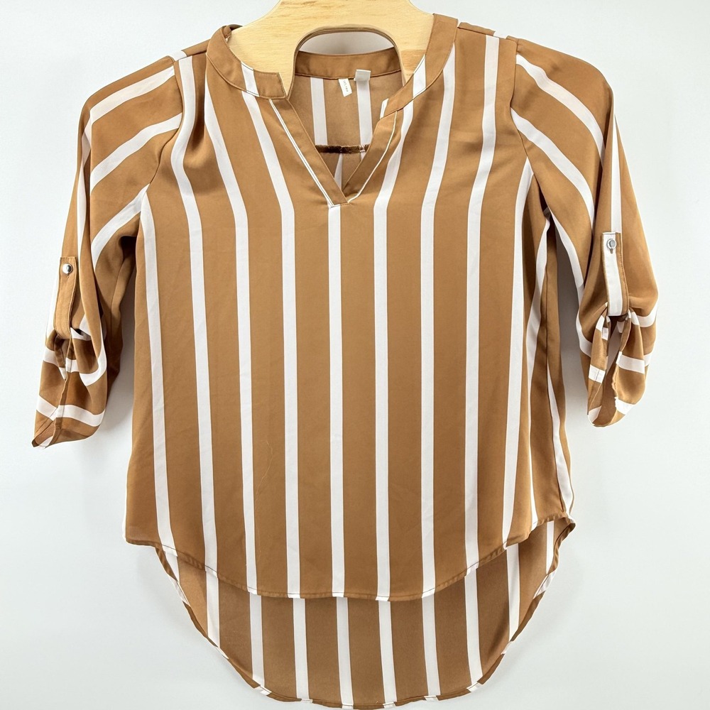Cato Shirt Womens Medium Brown White Striped 3/4 Sleeve Roll Tab Blouse Top